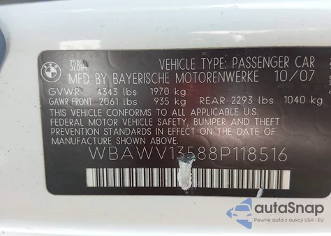 2008 BMW 328I from USA, damaged, VIN WBAWV13588P118516